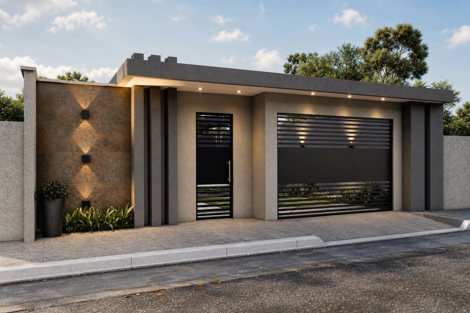 Fachada contemporânea escura com iluminação embutida