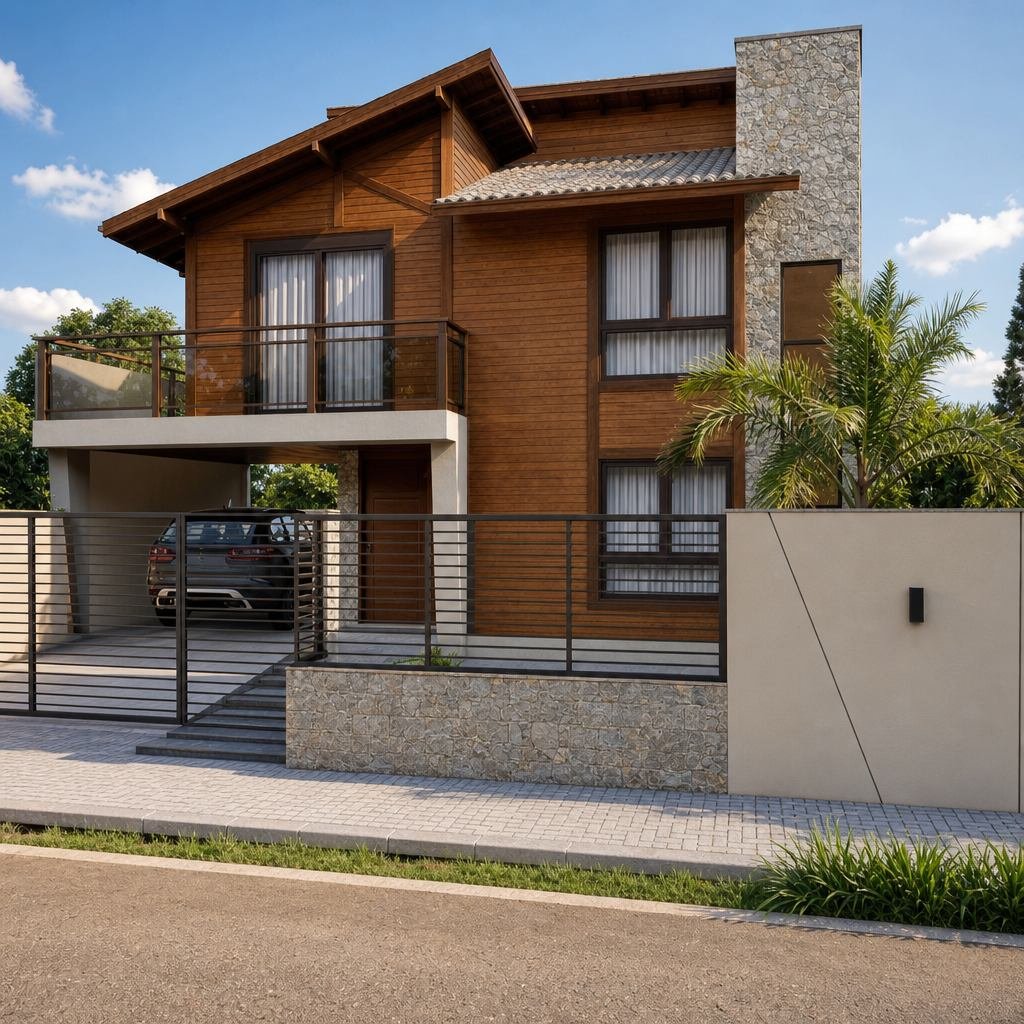 Fachada estilo chalé em madeira com base em pedra