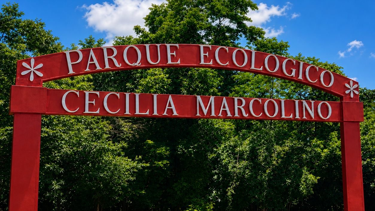 Pórtico de entrada do Parque Ecológico Cecília Marcolino, cercado por árvores nativas